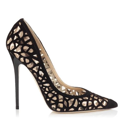 Black Laser Cut Suede and Nude Mirror Leather on Mesh Pointy Toe Pumps