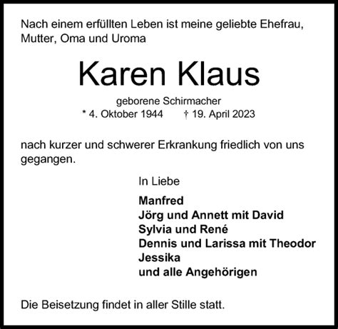 Traueranzeigen Von Karen Klaus Trauer Anzeigen De