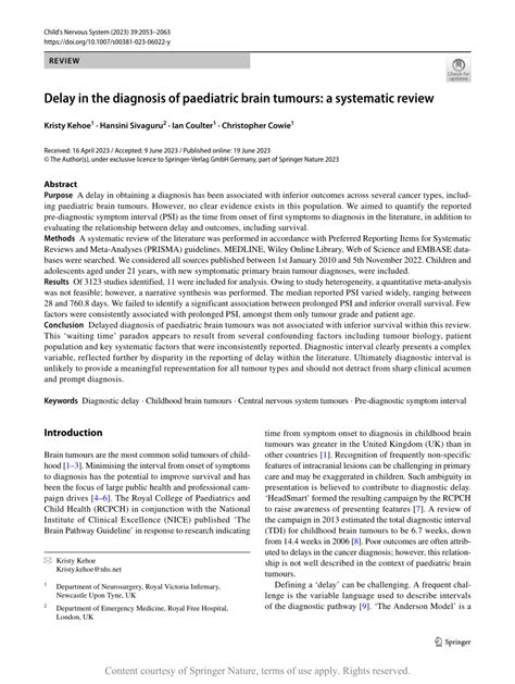 Delay In The Diagnosis Of Paediatric Brain Tumours A Systematic Review