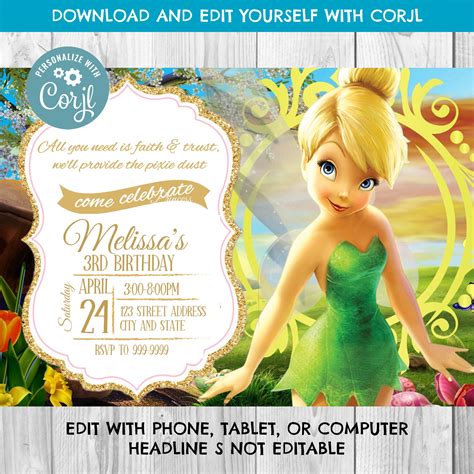 Instant Download Tinkerbell Invitation Tinkerbell Birthday Etsy