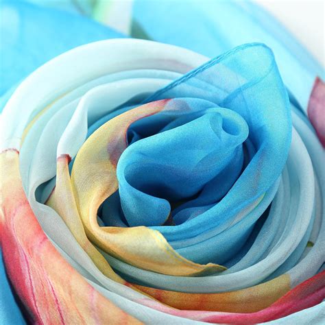 Long Silk Chiffon Scarf Blue Theme Floral Print Sch312 Yangtze Store