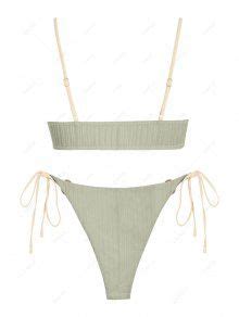 Zaful Ribbed O Ring Contrast Strap Tanga Bikini Swimwear In Light Green