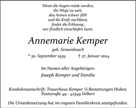 Traueranzeigen Von Annemarie Kemper Trauer In Nrw De