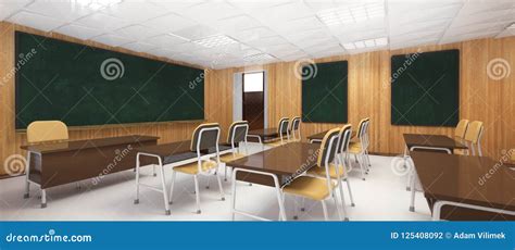 Wooden Modern Classroom Interior With Desks And Chairs Stock Illustration Illustration Of