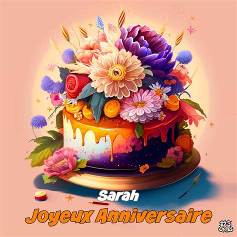 Gâteau decoré fleurs avec le texte Joyeux anniversaire Sarah 123cartes