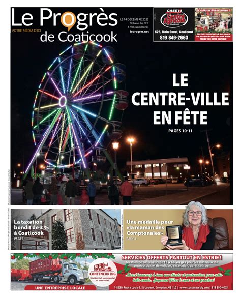 La Une du Progrès de Coaticook du 14 décembre 2022 Le Progrès de