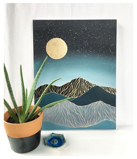 Mountains, modern, boho, art, painting, moon, acrylic, home decor ...