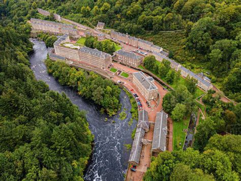 Aerial Of The Industrial Town Of New Lanark Unesco World Heritage Site