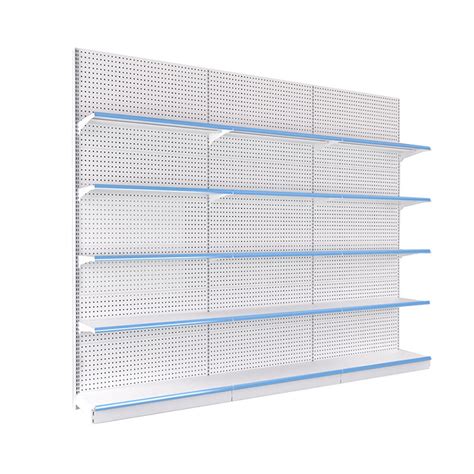 Supermarket shelves display grocery storage racks