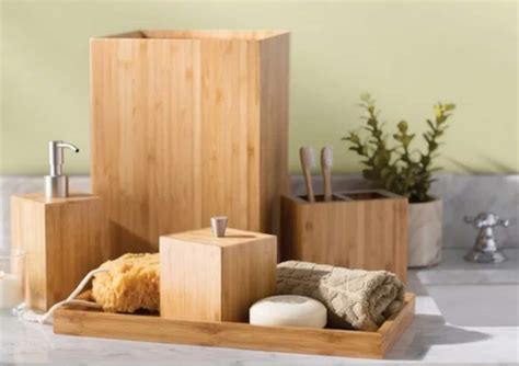 Premium Piece Bamboo Bathroom Accessory Set Natural Bamboo Etsy