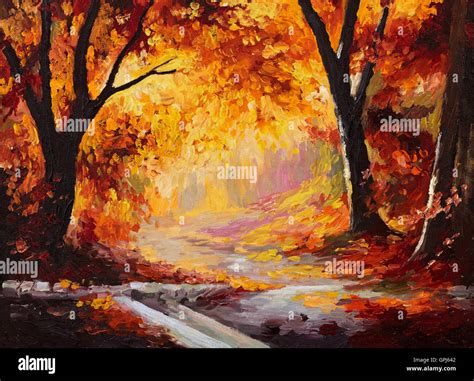 Oil Painting - autumn forest, bright leaves, wallpaper; tree; decoration Stock Photo - Alamy