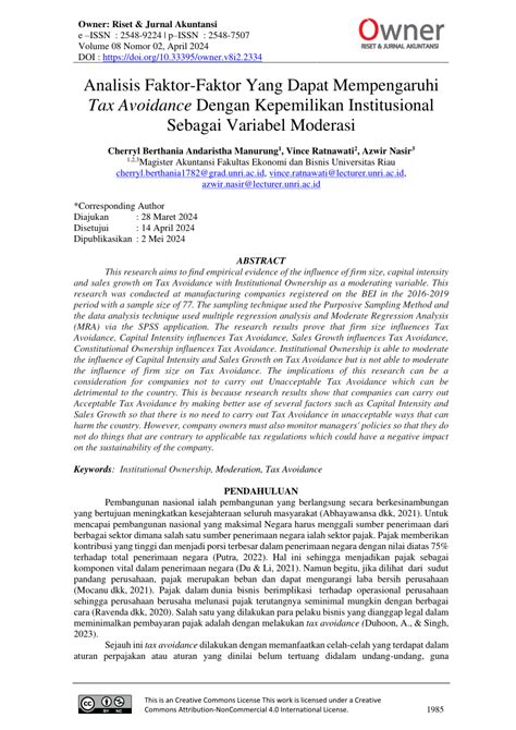 Pdf Analisis Faktor Faktor Yang Dapat Mempengaruhi Tax Avoidance Dengan Kepemilikan