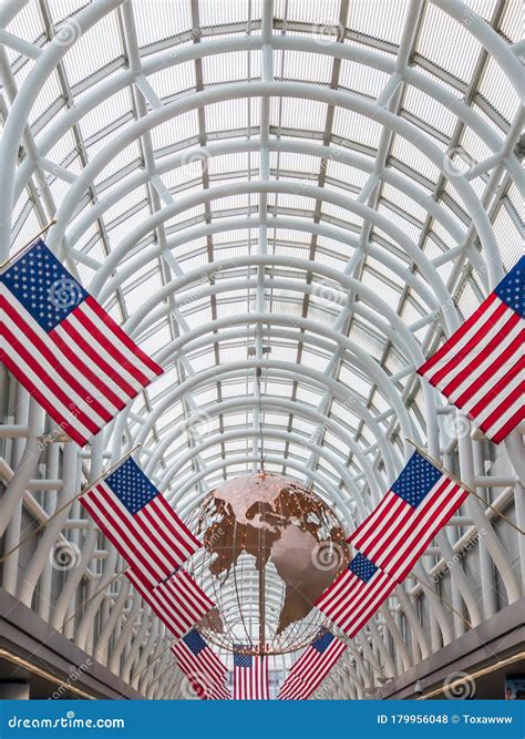 American Flags Decorations in Ohare Airport Editorial Stock Photo