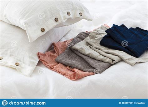 Natural Eco Friendly Linen Bed In The Interior Stock Image Image Of