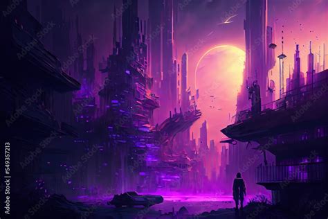 Cyberpunk Purple Fantasy Art City Fantasy City Concept Art Stock