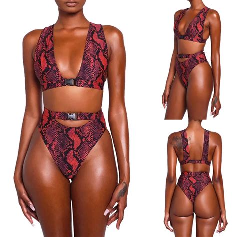 Snake Print High Waist Swimwear Women Sexy Bikini Deep V Neck Backless