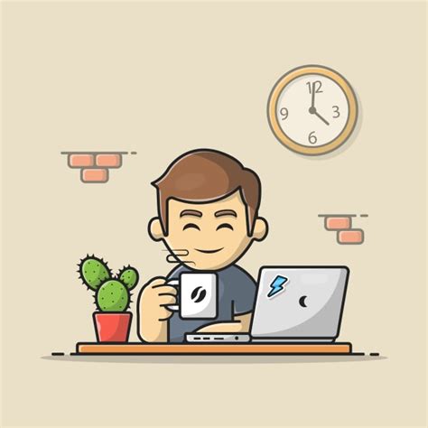 male operating laptop  coffee cartoon vector icon illustration office  shirt teepublic