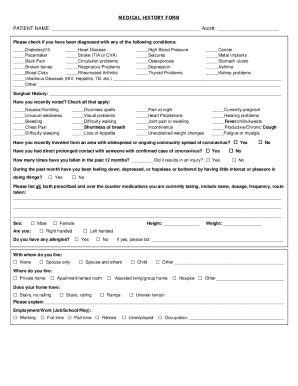 Fillable Online Patient Medical History Todays Date Acct Page