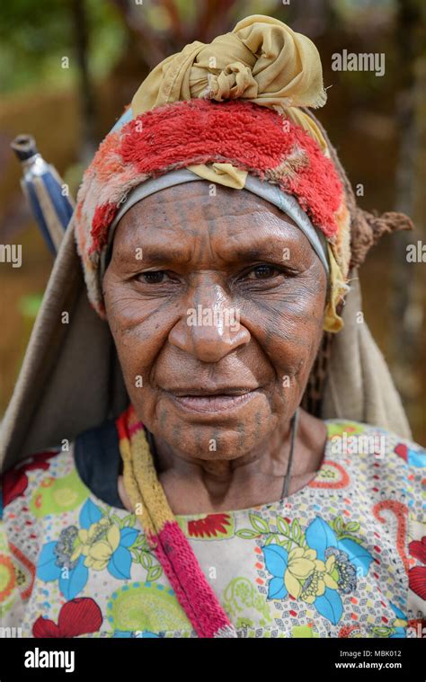 Portrait of an adult woman with facial tattoos, Tari Valley, Papua New ...