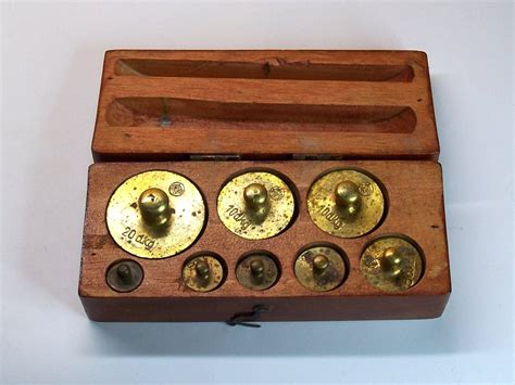 Antique Brass Scale Weights Set In Original Wooden Box