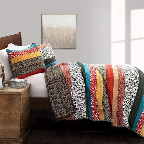 Bohemian Stripe Reversible 3 Piece Fullqueen Quilt And Sham Bedding Set