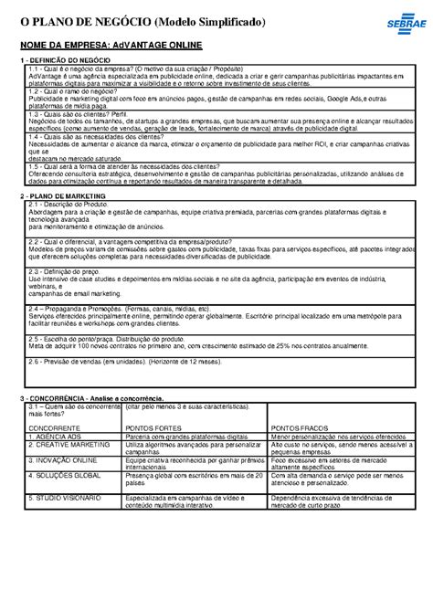 Planos DE Negócio Advantage Online - O PLANO DE NEGÓCIO (Modelo