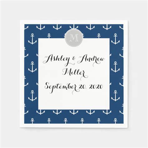 Navy Blue White Anchors Pattern Gray Monogram Paper Napkins Zazzle