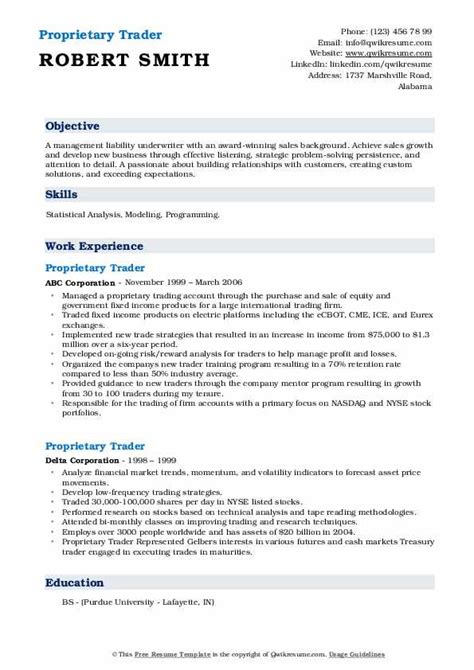 Proprietary Trader Resume Samples Qwikresume