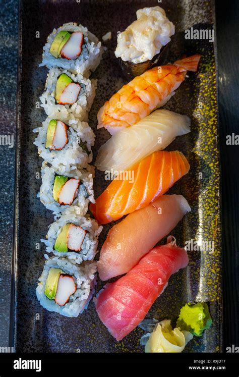 Top Down View Of Savory Japanese Nigiri Sushi With Tuna Toro Tuna Ahi