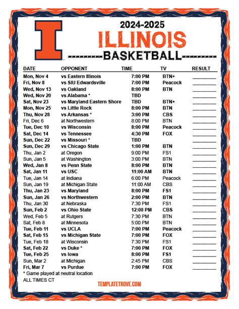 Printable Illinois Fighting Illini Basketball Schedule