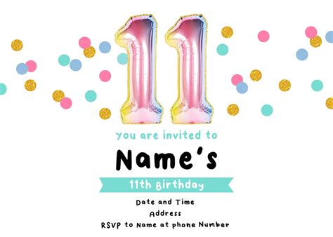 Custom Printable 11th Birthday Invitation Downloadable 11th Birthday