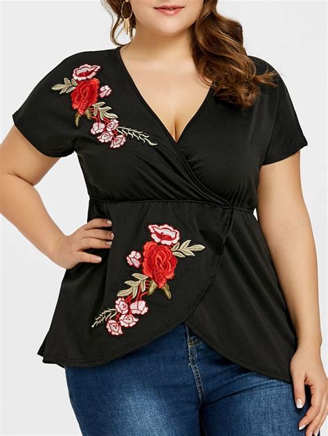 Plus Size Flower Embroidered Plunging T Shirt Black 3xl Plus Size