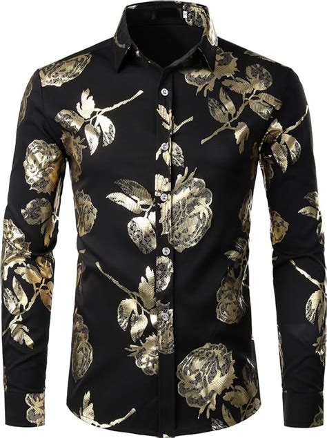 Zeroyaa Mens Hipster Gold Rose Printed Slim Fit Long Sleeve