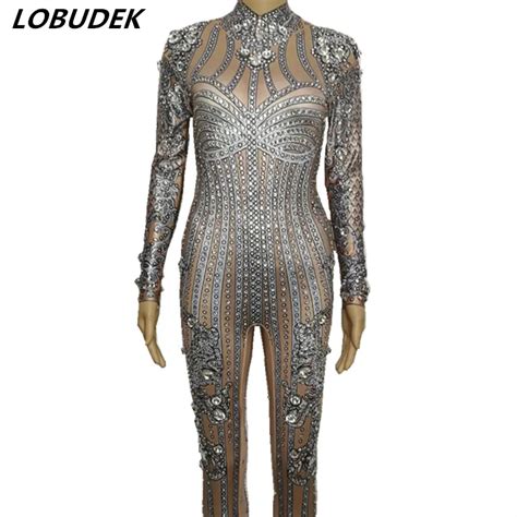 Crystals Jumpsuit Female Nightclub Costumes Sexy Rhinestones Jumpsuits