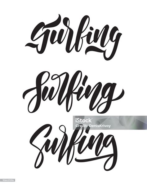 Set Of Handwritten Modern Brush Type Lettering Of Surfing On White