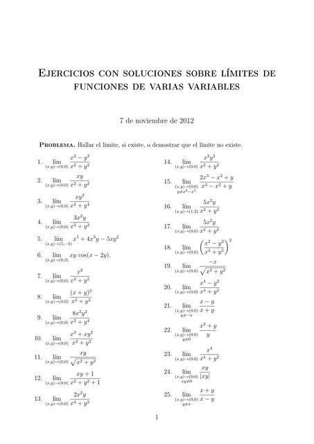 Ejercicios Con Soluciones Sobre L Mites De Funciones De Varias