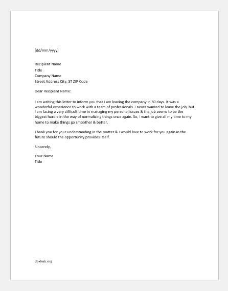 Resignation Letter Format Due To Personal Reasons Sample Resignation