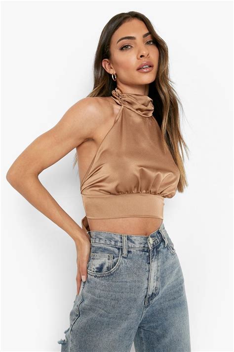 Womens Satin Halterneck Tie Back Top Boohoo Uk