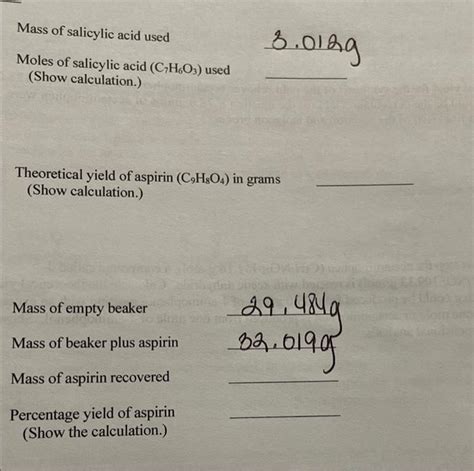 Solved Mass Of Salicylic Acid Used G Moles Of Salicylic Chegg