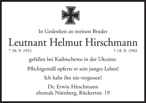 Traueranzeigen Von Helmut Hirschmann Trauer Nn De