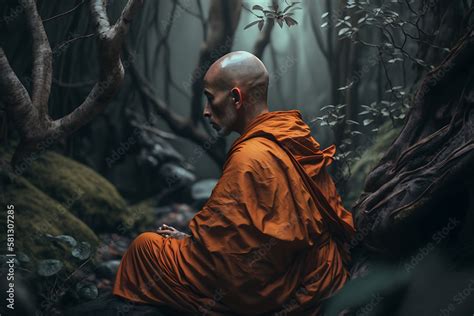 Generative Ai Illustration Of Buddhist Monk In Meditation In Jungle