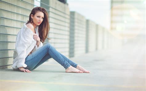 Wallpaper Women Model Brunette Sitting Dress Blue White Tops