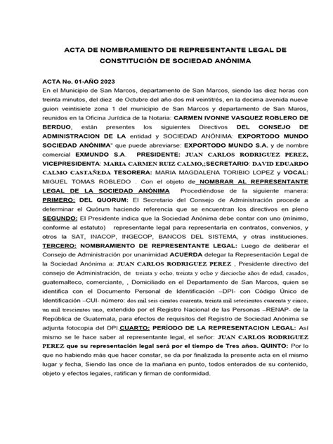 Acta De Representante Legal Para Sociedad Anónima Y Certificación Pdf