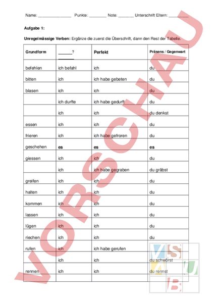 Arbeitsblatt Unregelmässige Verben und Präteritum Deutsch Grammatik