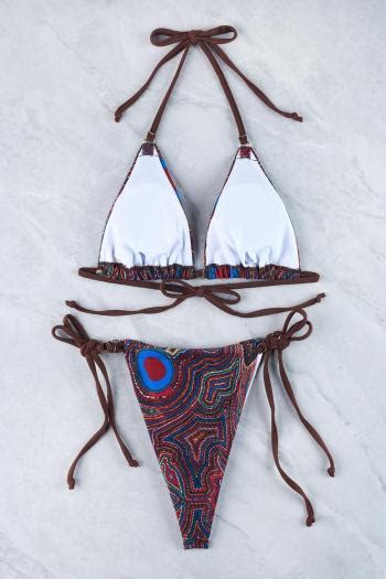 Wholesale Sexy Classic Graphic Printing Padded Halter Neck Triangle Self Tie Bikini Set BA013825