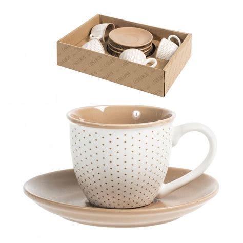 Set 4 tazzine caffè bianco 90 ml con piattino Cinnamon H H Porcellana