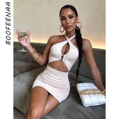 Boofeenaa Sexy Halter Backless Bodycon Dress With Cutouts Party Club