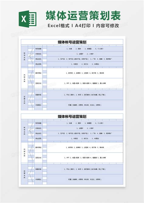 蓝色简约媒体帐号运营策划excel模版模板下载运营图客巴巴