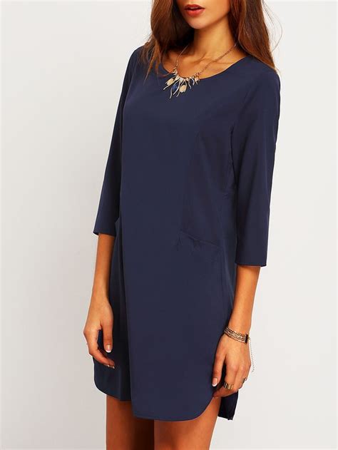 Navy Shift Dress With Half Sleeves And Pockets Perfect Spring Summer