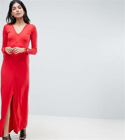 Asos Tall Tall Maxi Tea Dress With Self Covered Buttons In Red Modesens